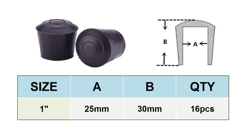 1 inch Table Chair Rubber Leg Tips Caps, Pack of 16, Black (1 Inch, 16) 1 Inch
