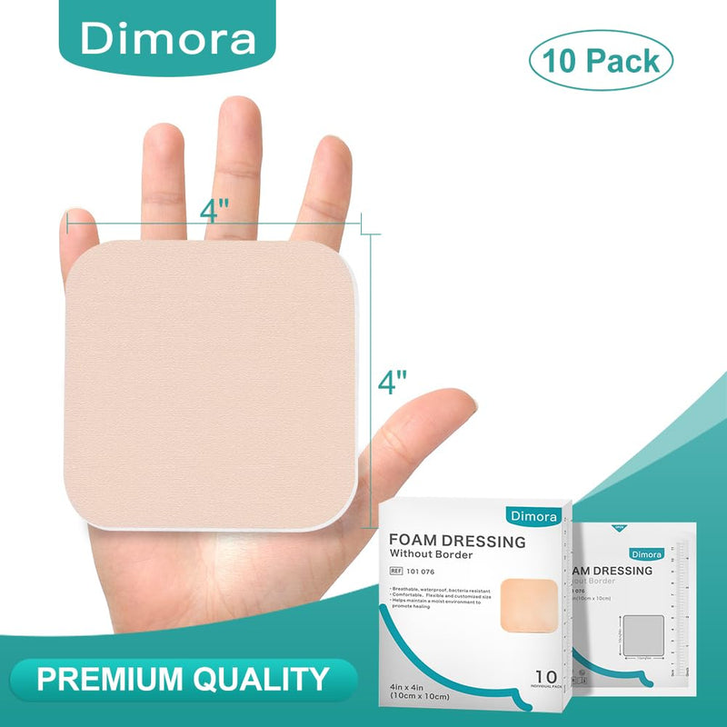 Dimora Foam Dressing, Sterile Non-Adhesive Hydrophilic Pads, Highly Absorbent 4"x4"(10 cm*10 cm) Pack of 10 Square Waterproof Dressing for Wound Care 4"x 4"(10PCS)