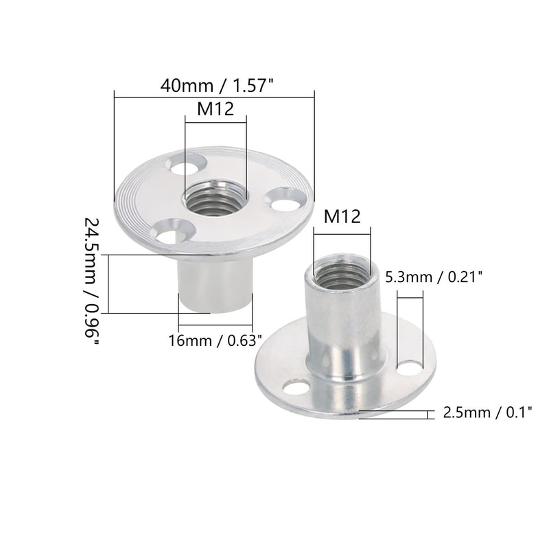 Yinpecly M12 Brad Hole Tee Nut Carbon Steel Round Base Screw-in T-Nuts Furniture Hardware Flange Insert Mounting for Furniture Installation 5pcs M12x40x2.5mm