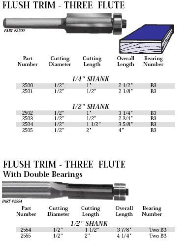 Whiteside 2501 Three Flute Flush Trim Router Bit: 1/2 Inch Cutting Diameter, 1/2 Inch Cutting Length, 1/4 Inch Shank, 2-1/8 Inch Overall Length, B3 Bearing