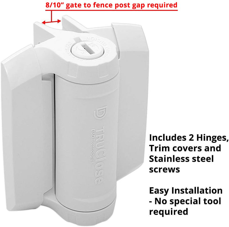 D&D TCHD1AL2S3WTS TruClose Heavy Duty Gate Hinge Square Metal Gates, 2 pcs White Fixed gate gap is 8/10” – gap = gate frame to post
