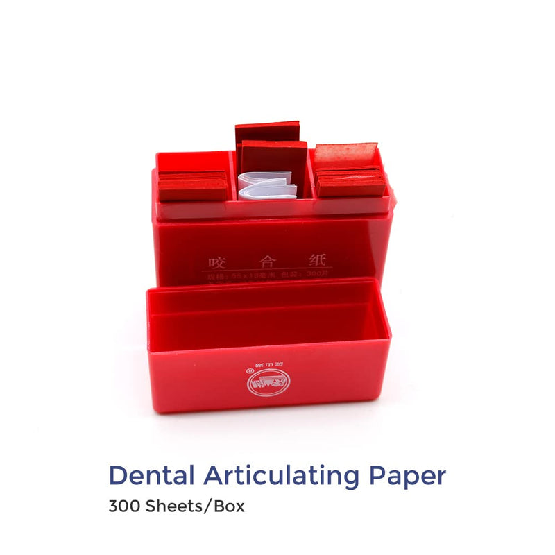 Dental Articulating Paper 300 Strips in Plastic Dispenser 100 Micron Film Double Sided 55 x 18 x 0.1mm for Occlusal and Interproximal Adjustments (RED) RED