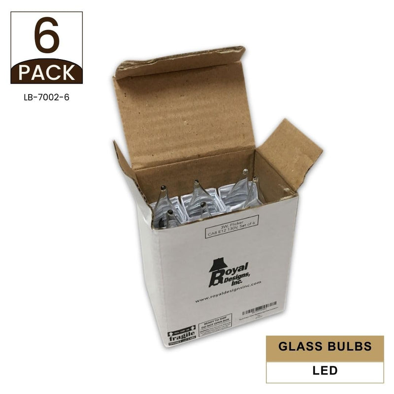 Royal Designs, Inc. Flicker Candelabra Style 3 Watt LED Light Bulbs 25 Watt Equivalent, E12 Candelabra Base, 6-Pack