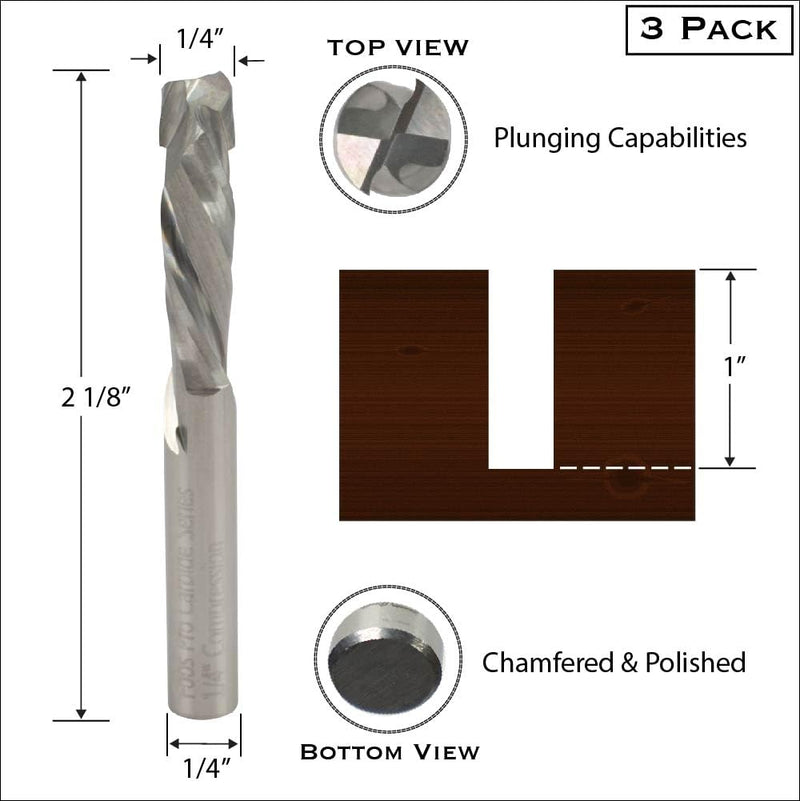 Foos - Compression up/Down Router bits - 1/4” Shanks - USA Veteran Owned (3 Pack 1/4" CD) 1/4" Cutting Diameter 3