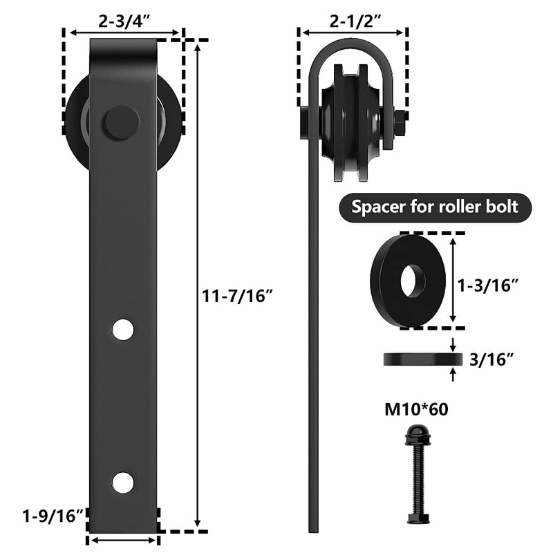 skysen Sliding Barn Door Hardware Roller Set Black (J Shape Hanger)