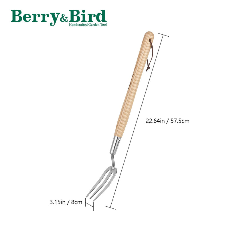Berry&Bird Gardening Hand Fork, 22.6 Inches Long Handled Stainless Steel Weed Fork, Traditional Garden Hand Fork Tool with Ergonomic Ash Wood Handle for Weeding, Digging, Planting and Cultivating - NewNest Australia