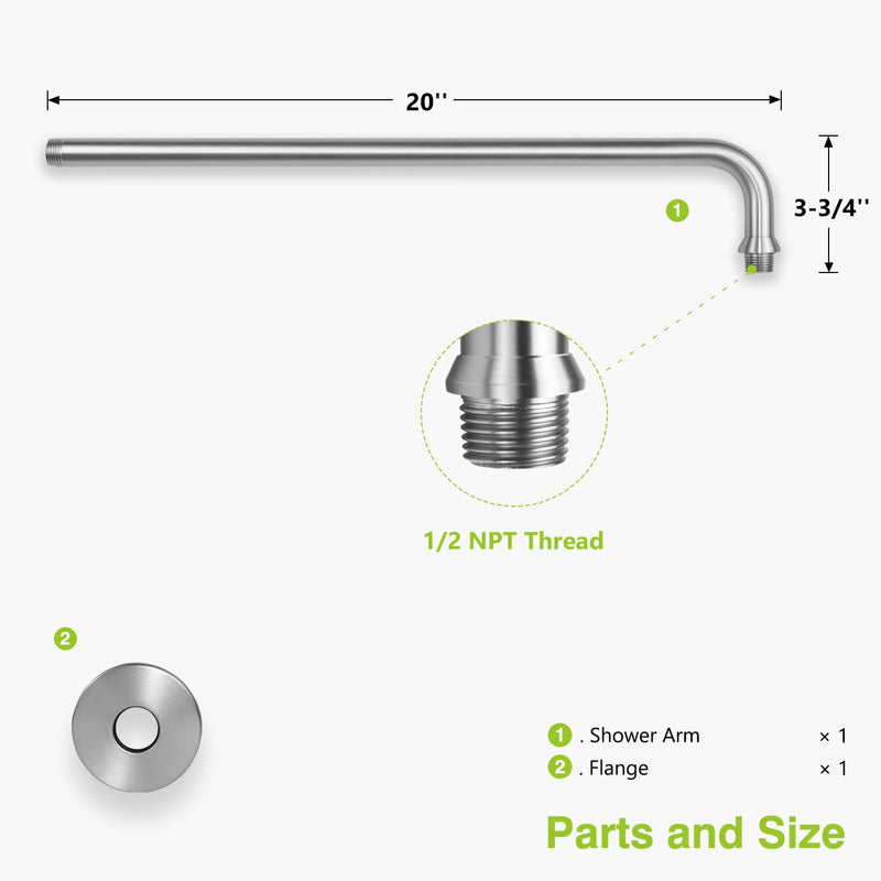 Naiture 90 Degree Shower Head Extension Arm, 20 inch Length Wall-Mount Rainhead Arm with Flange, 1/2 NPT Threaded Connection, Brass, Brushed Nickel Finish 20" x 3-1/2"