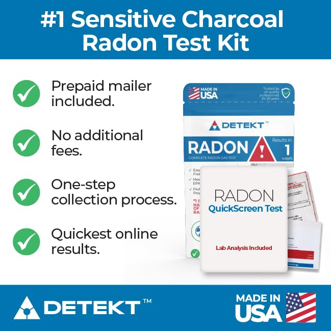 #1 Radon Gas Test Kit for Home Air Quality By Detekt® – 1 Short-Term Test Kit for Radon – Free Certified Lab Analysis Included – Fast & Accurate Results – Made in USA Radon Test