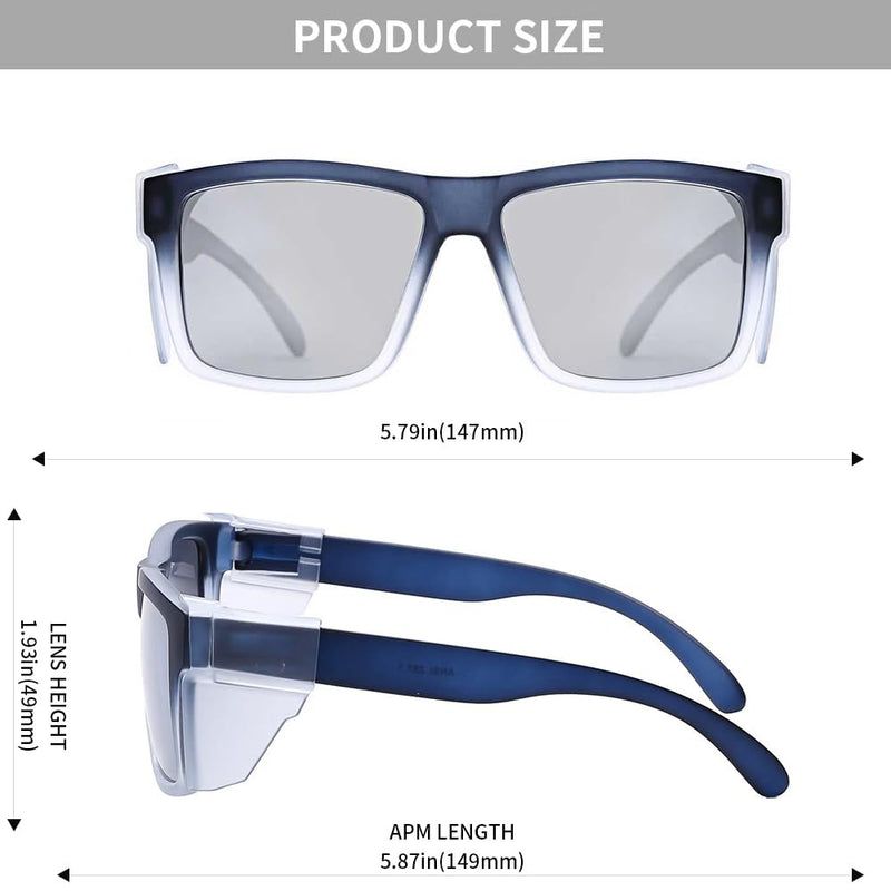 ANSI Z87 Safety Sunglasses UV400 Polarized Removable Side Shields Durable Protective Eyewear Construction Matte Blue Silvery Mirror