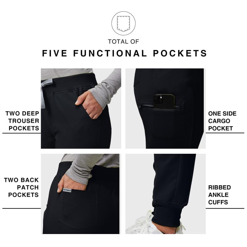 Medical Scrub Pants for Women - Mid Rise 4-Way Stretch Anti-Wrinkle Slim Fit Jogger Pants, Drawstring & 5 Pockets Regular Medium Black