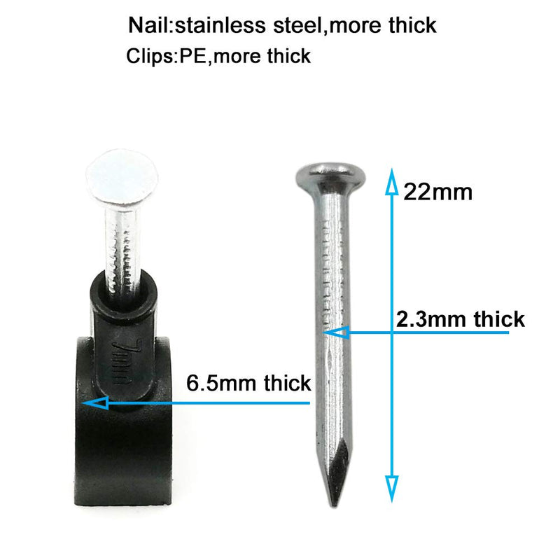 HS 7mm Ethernet Cat6 Cable Clips Clamps RG6 with Steel Nail (200 Pack) Wire Clips Black for Wall,Cord Management