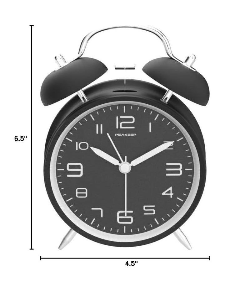 Peakeep 4 Inches Twin Bell Loud Alarm Clock for Heavy Sleepers, Backlight, Battery Operated Old Fashioned Alarm Clock for Bedrooms (3D-Dial, Black)