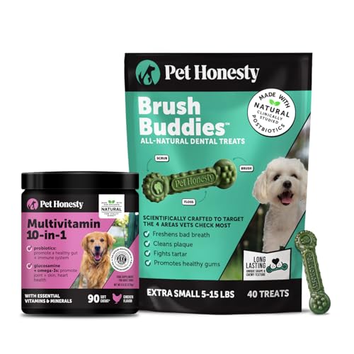Pet Honesty Dog Wellness Virtual Bundle – 10-in-1 Multivitamin Supplement (Chicken, 90 Ct) + Brush Buddies Dental Sticks for Extra Small Dogs (40 Ct) – Daily Health & Dental Support