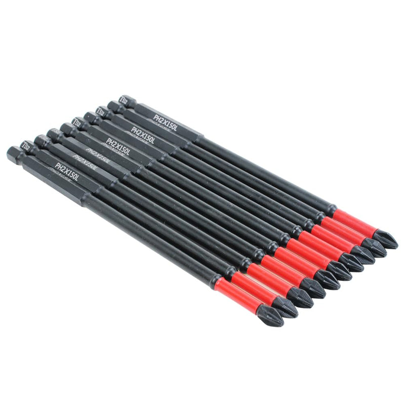 AUTOTOOLHOME 10 Pack Phillips PH2 Magnetic Anti Slip Screwdriver Bit Set 6 inch Length TS2 Anti-Slip Long Drill Bits Impact Driver Bits Length:150mm