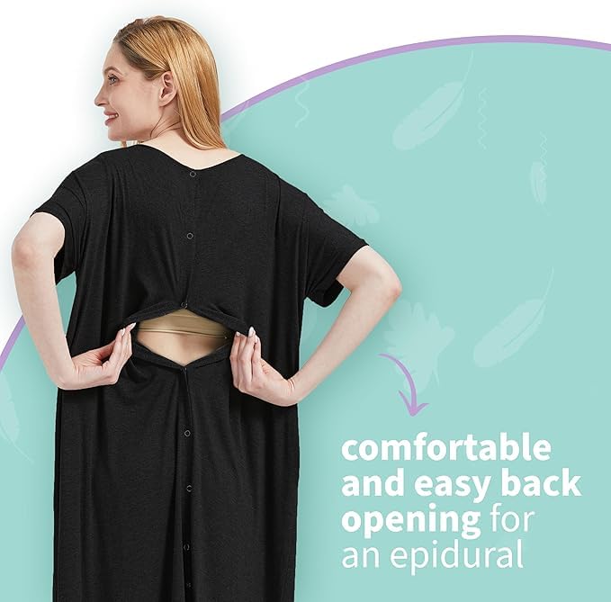 Mama & Wish Labor and Delivery Gown 3 in 1 Labor, Delivery and Nursing Gown for Hospital Made with Ultra-Soft Fabric for Ultimate Comfort! Black (Medium)