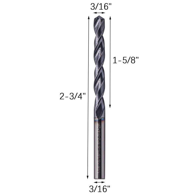 BestParts 2Pcs 2 Flute 3/16" Solid Carbide Jobber Drill Bits - AlTiN Coated | 2 Flute Tungsten Carbide Twist Drill Bits, 118° Point Angle, 3/16" Drill Diameter, 1-5/8" Flute Length, 2-3/4" Overall Length 3/16 in
