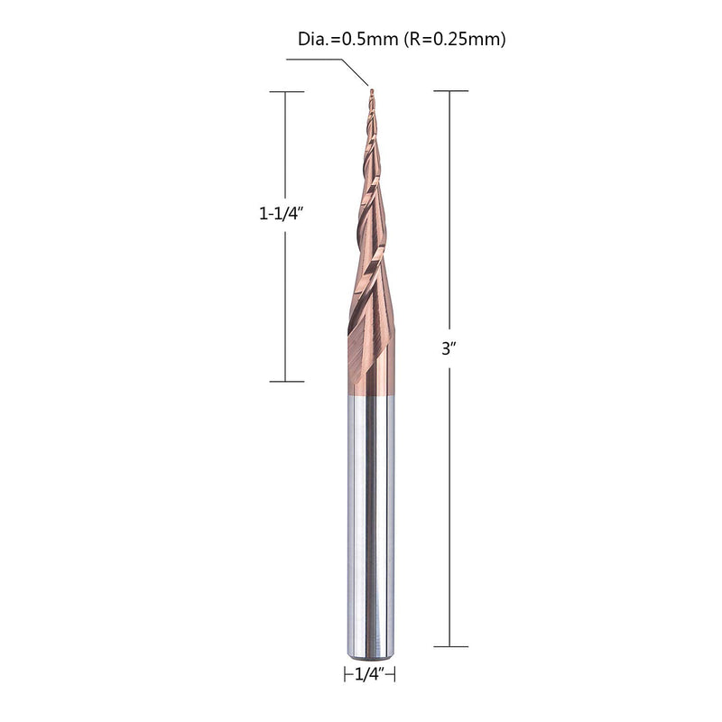 SpeTool 4Pcs Tapered Ball Nose End Mill 1/4" -3" with 0.5mm Tip Diameter (0.25mm Radius) CNC Router Bit 2D and 3D Engrave Carving Woodworking Tool D=0.5MM 4