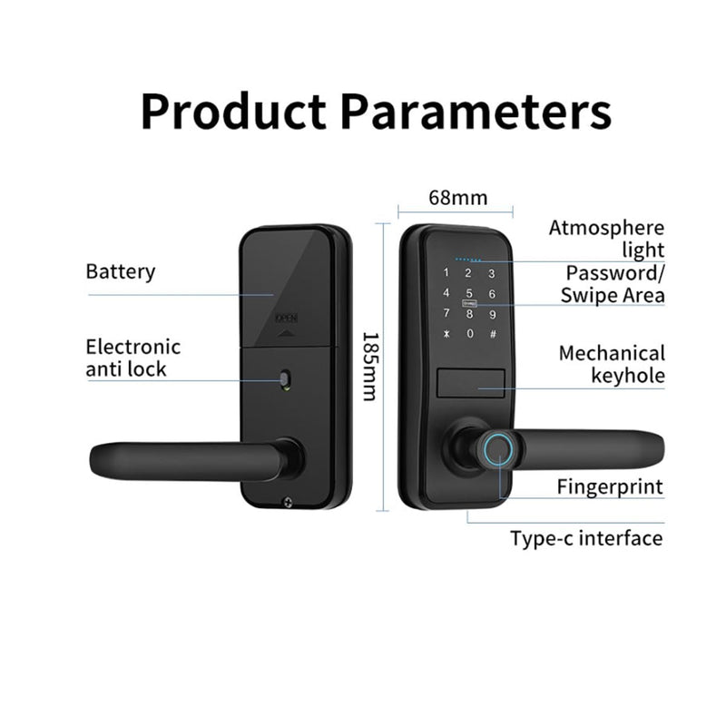 Smart Lock, Keyless Entry Door Lock with Sleek Matte Black Handle, Electronic Keypad Deadbolt, Fingerprint & Touchscreen Keypad, Biometric Door Lock, Bluetooth Smart Lock for Front Door (Black)