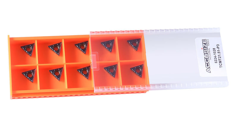 Accusize Industrial Tools Carbide Inserts, TCMT21.51-P3, 2224-1028 | CVD Coated, 1/4 in I.C, 3/32 in Thick, 0.110 in Hole, 1/64 in Radius, 10 Pcs/Box TCMT21.51, CVD Coating