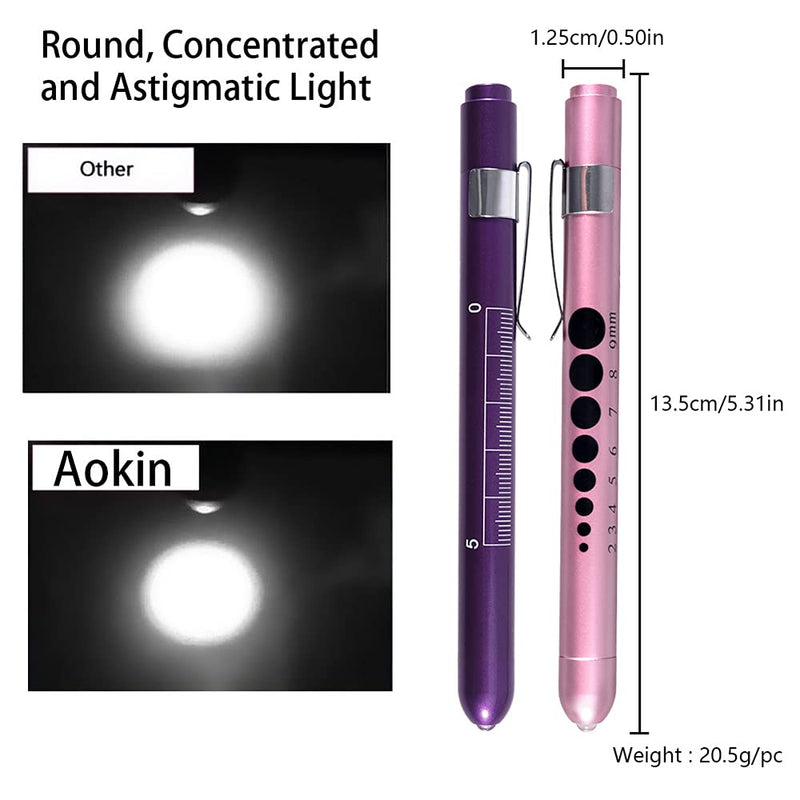 Aokin Pen Light with Pupil Gauge, Reusable LED Penlight Medical for Doctor Nurse Diagnostic etc, White Light, Rose Gold and Purple