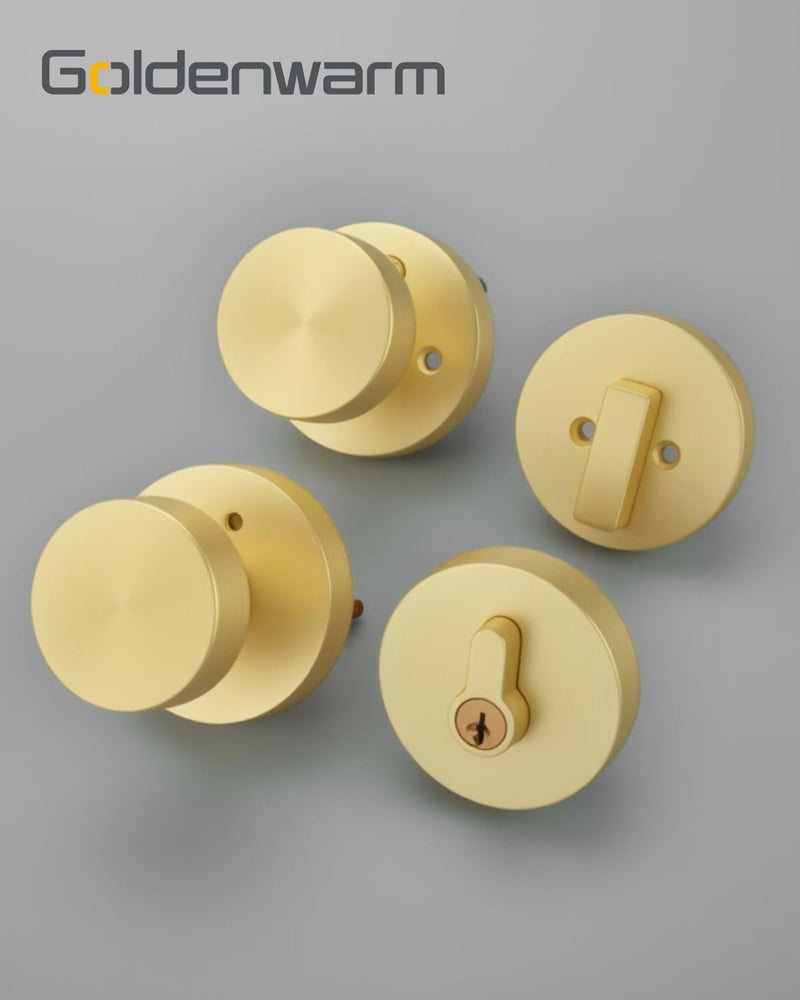 Goldenwarm 1 Pack Gold Door Knob with Deadbolt, Exterior Front Brass Door Knobs and Single Cylinder Deadbolt, Brushed Gold Front Door Locks Set - Zinc Alloy Heavy Dut