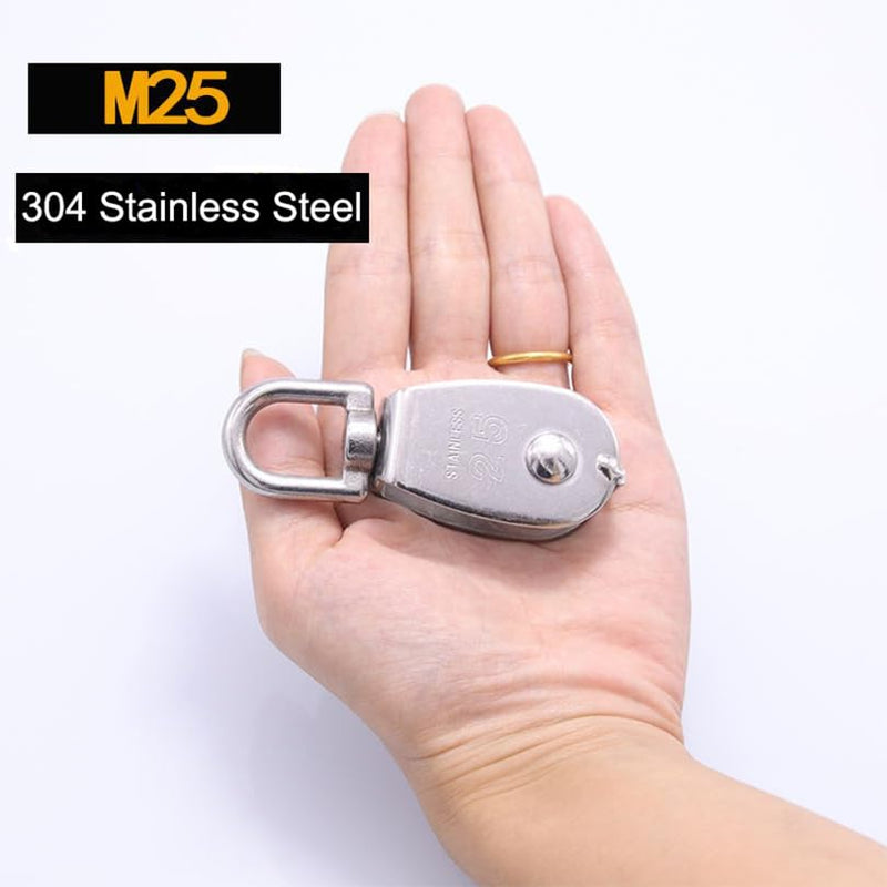 2Pcs M25 Single Pulley Block 304 Stainless Steel Swivel Cable Pulleys for Lifting/Hanging, Heavy Duty Rope Single Wheel Kit, Max-Load 150kg/330lbs