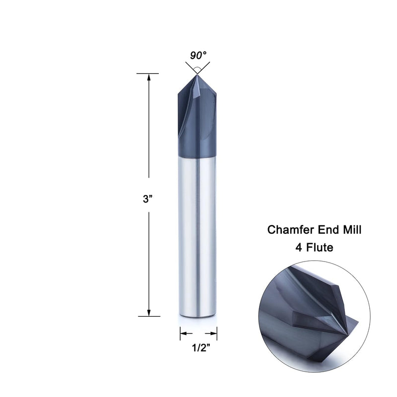 1/2” Carbide Chamfer End Mill, 90 Degree, Carving Bits, V Groove, 4 Flute AlTiN Coating for Alloy Steels, Hardened Steels 1/2" 90°