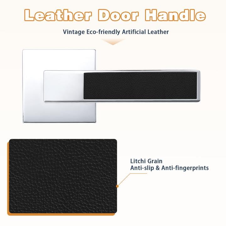 Probrico Heavy Duty Square Door Handle with Black Leather Hand Lever, Keyless Passage Interior Door Levers for Hallway or Closet, Polished Chrome, 2 Pack