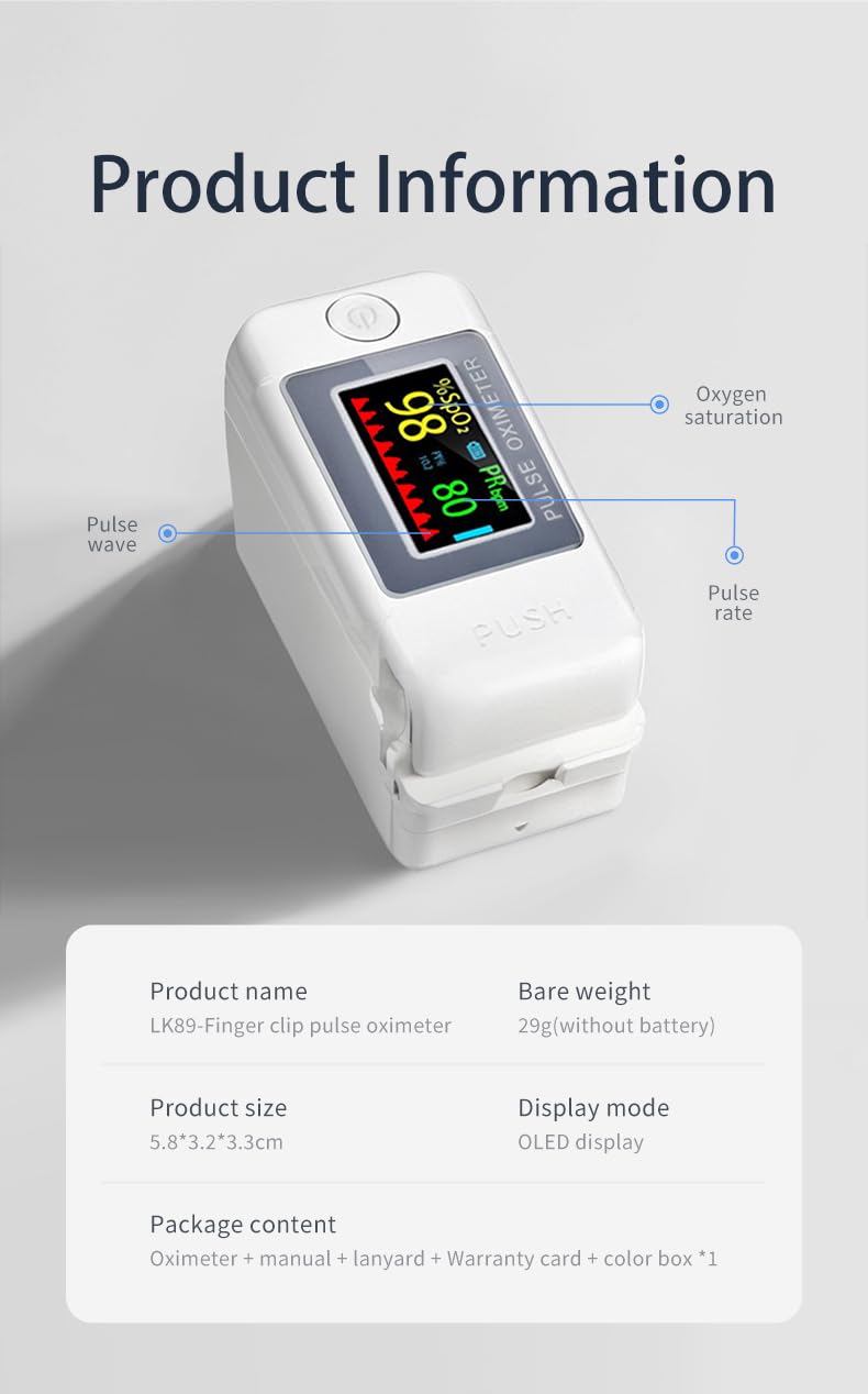 Pulse Oximeter Blood Oxygen Monitor Fingertip, Joxozp Pulse Oximeter Fingertip Checking SpO2 Level/Heart Rate/PI for Adults at Home Outdoor Sport Use