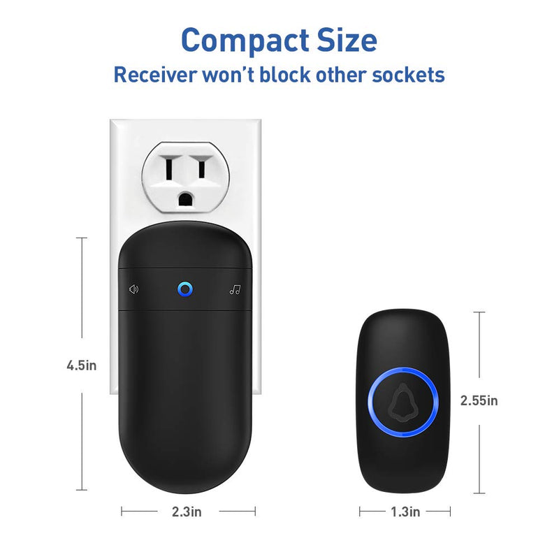 Wireless Doorbell, SECRUI Door bell Over 1000ft Coverage with 2 Plug-In Receivers, 1 Waterproof Push button, 52 Chimes, 110dB loud Sound Colorful LED Flash 2 Receivers 1 Push buttons Black