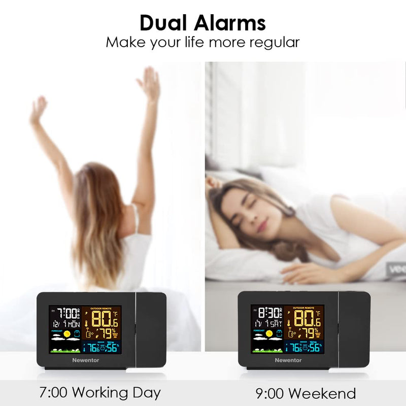 Newentor Atomic Projection Alarm Clock with Weather Station for Bedrooms, Projector Clocks with WWVB Function, Indoor Outdoor Thermometer Wireless, Temperature Humidity Monitor and Weather Forecast Red Projection