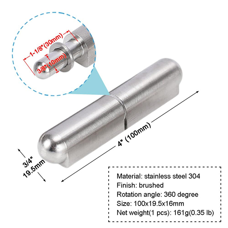 4 Pack 4" Weld On Bullet Hinges, Stainless Steel 304 Weldable Barrel Hinges, Heavy Duty Detachable Gate Door Hinge for Metal Swing Door, Trailer Ramp Gate, Dia 3/8" Pin