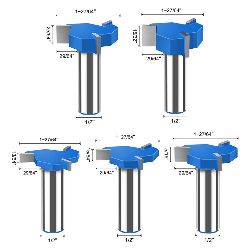 5Pcs Three-Blade Slot Cutter Router Bit, ''T'' Type Slotting Bit , Slot Router Bit Set,1/2" Shank,Cutting Height 13/64", 15/64", 5/16", 25/64", 15/32", Slotting Knife for Woodworking 1/2inch Shank 5 Bits Set