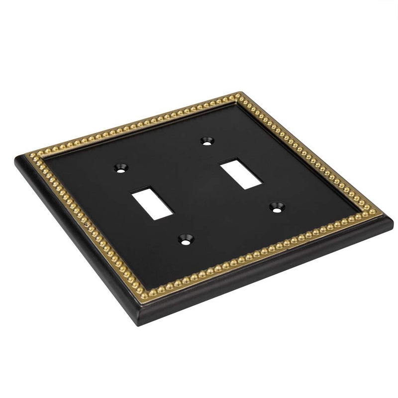 Pearled Frame Decorative Wall Plate Switch Plate Outlet Cover (Double Toggle, Black & Dark Golden) Double Toggle