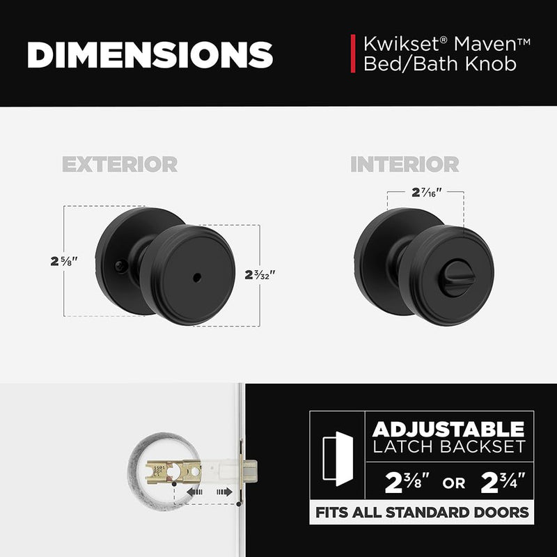 Kwikset Maven Interior Privacy Door Knob with Lock, Round Door Handle for Bathroom and Bedroom, Matte Black Keyless Turn Lock Doorknob, with Microban Protection 1 Pack