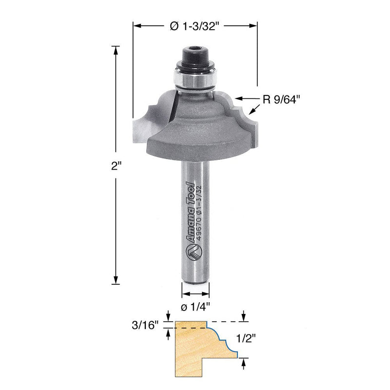 Amana Tool - 49670 Carbide Tipped Classical Stile 1-3/32 Dia x 1/2 x 9/64 Radius x 1/4 Inc 1-3/32 Dia x 1/2 x 1/4 In