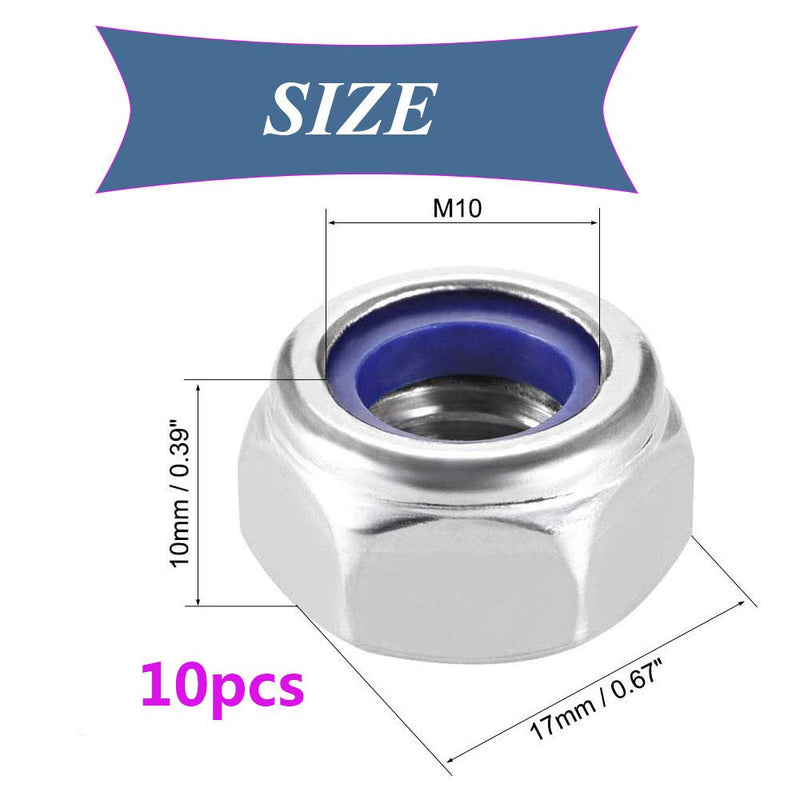 M10x1.5mm Nylon Lock Nuts,10pcs 304 Stainless Steel Nylon Insert Hex Lock Nuts for Industrial and Construction Fasteners M10