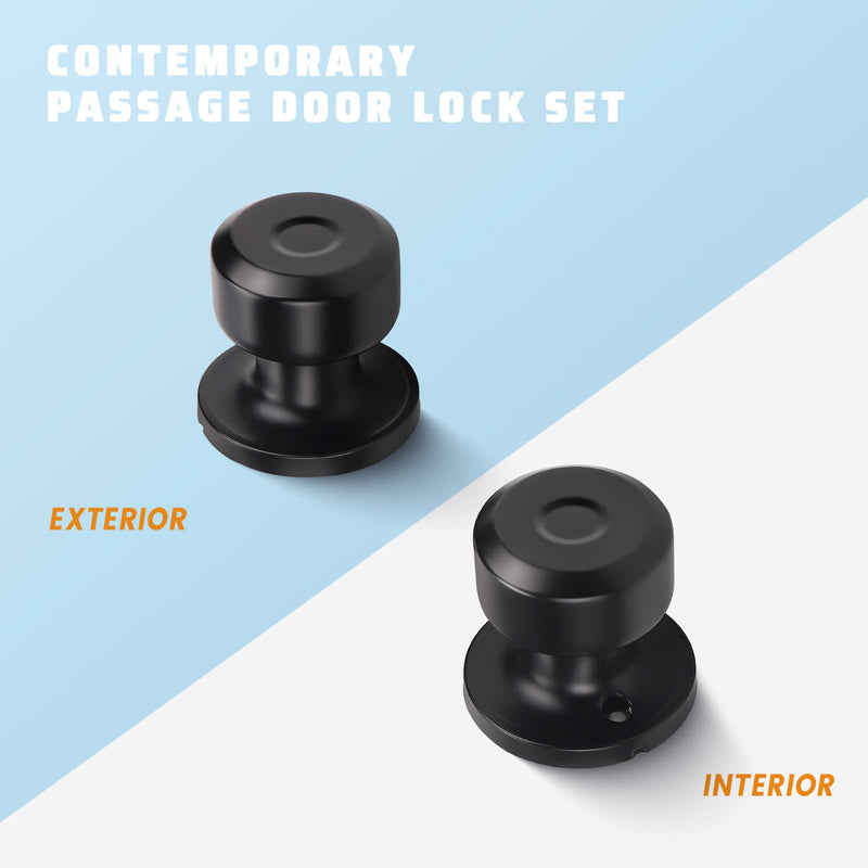 KNOBWELL 3 Pack Black Passage Door Knobs Interior, Classic Modern Door Knob Interior Door Knobs Set Durable Use, Matte Black Closet Door Knobs