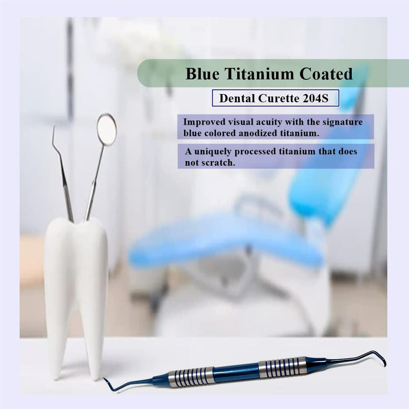 Dental Curette 204S with Hollow Handle, Blue Titanium Coated Professional Teeth Cleaning Calculus Remover Periodontal Scalers - Stainless Steel for Oral Care Double Ended Tips & Knurled Grip Scaler - 204S