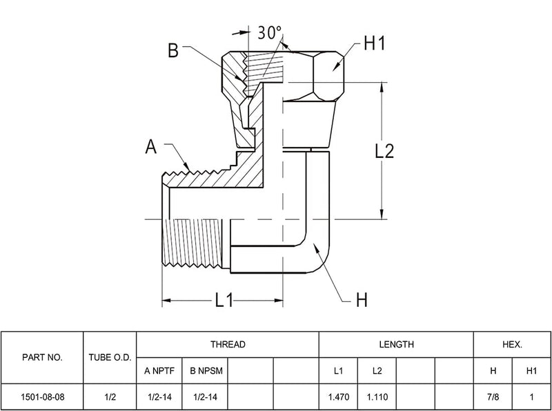 (2-PACK) 1501-08-08 Hydraulic Hose Adapter Fitting 1/2" Male (1/2-14 NPTF) × 1/2" Female (1/2-14 NPSM) Swivel 90° Elbow SAE Pipe Joints Connector Carbon Steel