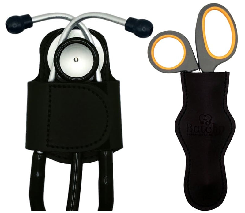– The Original Leather Stethoscope Holder | Handmade in Maine | Sturdy Hip Clip | No More Neck Carrying or Loss (Black) Black