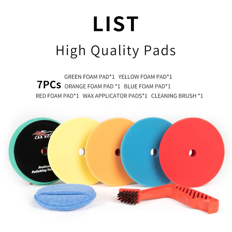 CARROAD 7pc 6.5 Inch Buffing Pads Kit - Heavy Cut to Finishing Foam & Wool Pads for DA/RO Polisher - Removes Scratches, Oxidation & Swirl Marks - 50+ Reusable Cycles 7pc 6.5inch standard