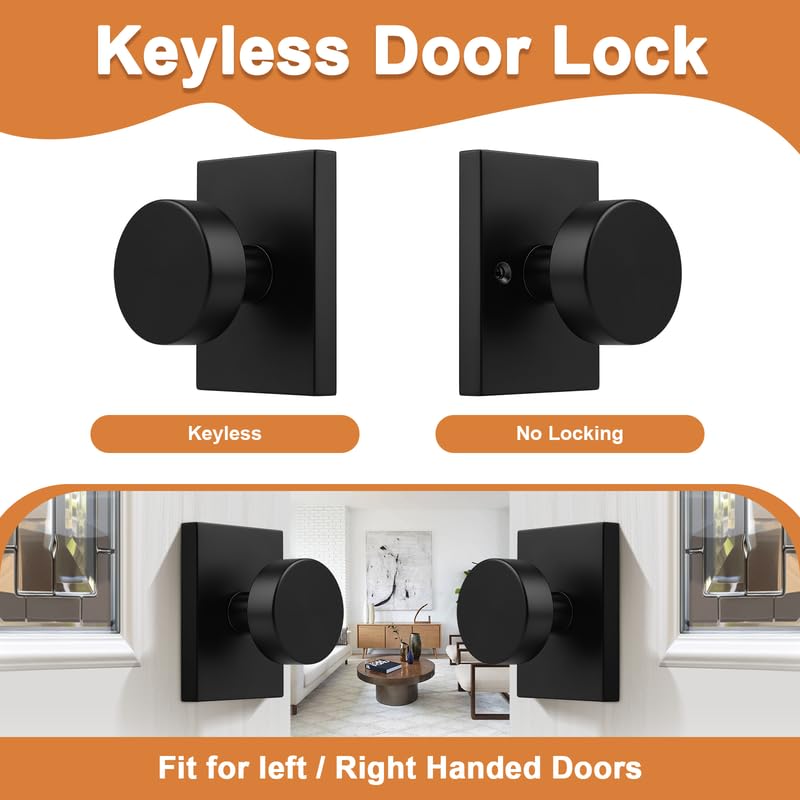 Probrico Black Door Knob Interior, Closet Door Knob Square Rose, Passage Door Handle, 1 Pack