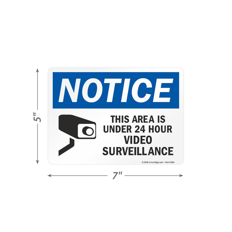 SmartSign (Pack of 4) 5 x7 inch “Notice - This Area Is Under 24 Hour Video Surveillance” Sticker Labels with Symbol, 5 mil Laminated Polyester with SuperStick Adhesive, Blue, Black and White, USA-Made 5" x 7" SuperStick Label (Pack of 4)