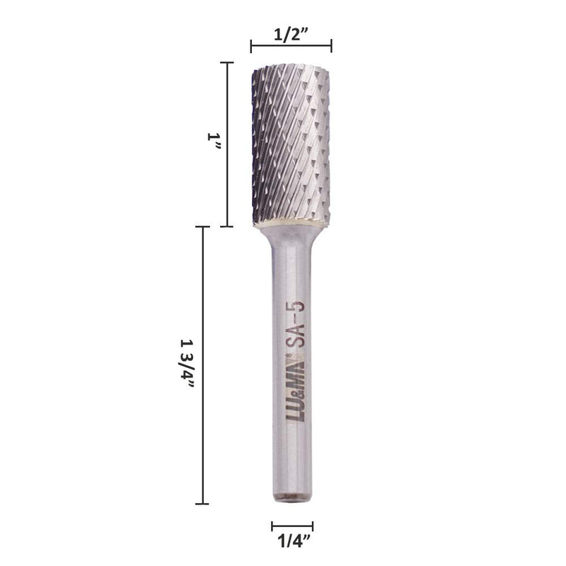 SA-5 Tungsten Carbide Burr Cylinder Shape Double Cut Rotary Burr File(1/2” cutter Dia X 1”Cutter Length) with 1/4'' Shank dia By LU&MN SA-5
