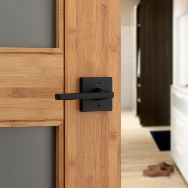 Kwikset Halifax Interior Privacy Door Handle with Lock, Door Lever For Bathroom and Bedroom, Matte Black Reversible Keyless Push Button Lock Door Lever, with Microban Protection, Square Rose 1 Pack