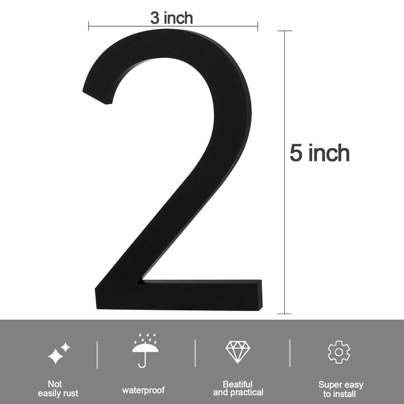 Self-adhesive House Number,5 Inch Black House Numbers, Acrylic Modern House Numbers for Outside, Street Numbers Mailbox Numbers Garden Door Address Numbers ,Apartments Office hotel, Easy Install 5 In Black 5in No 2