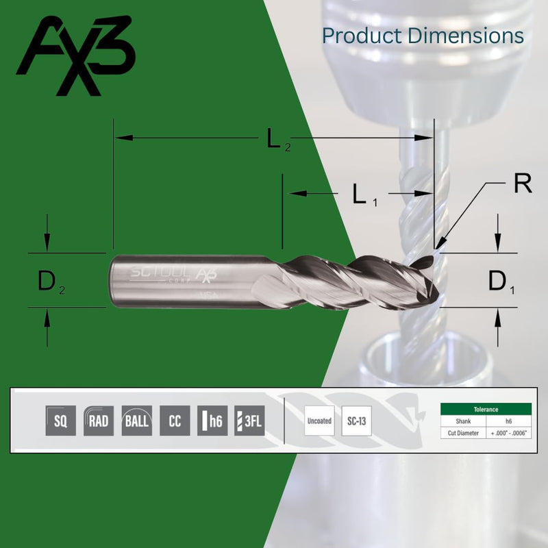 SCT10172 AX3 3-Flute, 3/8" Diameter, 1-1/4" Cutting Length, Square End, Center Cutting, 3" OAL, Un-Coated, 3/8" Shank Dia., High-Performance Aluminum & Non-Ferrous Machining SCT10172 (ø.3750" x 1.250" LOC)