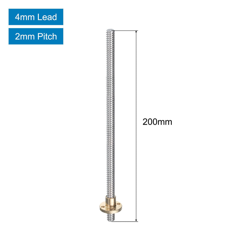 uxcell 2 Pcs 200mm / 8 Inch Tr8x4 Stainless Steel Lead Screw with T8 Brass Nut - [ Acme Thread, 2mm Pitch, 8mm Lead ] for 3D Printer Z Axis, CNC Machine