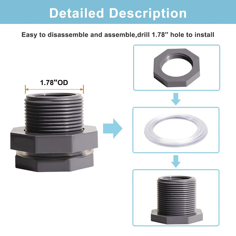 QuQuyi 1/2 Inch PVC Bulkhead Water Tank Connector Adapter Fitting with Plugs Thru-Bulk Pipe Fitting for Rain Barrels, Aquariums, Ponds(Set of 3) 1/2"-3pcs